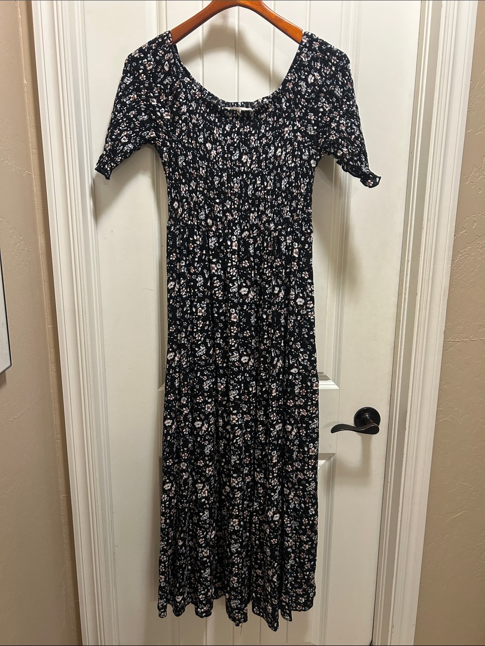 NATURAL LIFE  M Black Floral Smocked Maxi Dress with Pink Accents